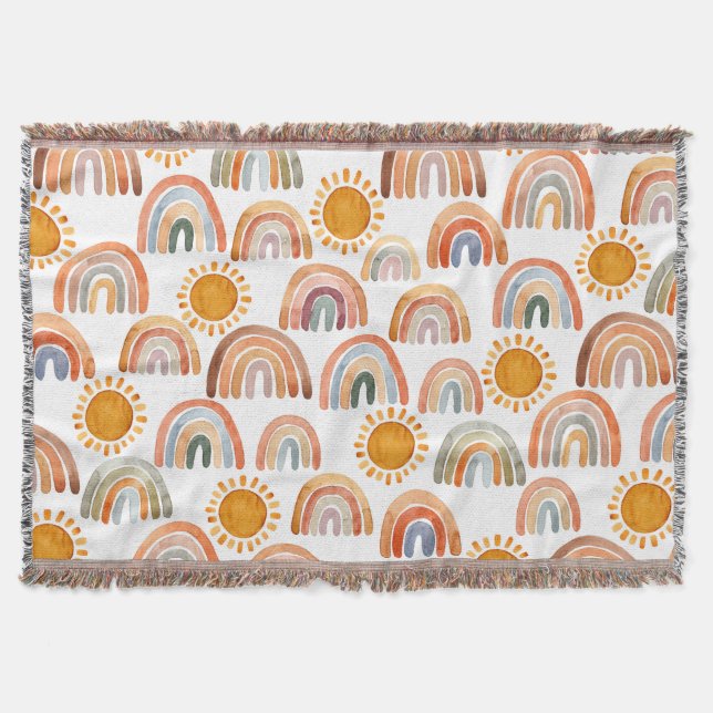 Happy yellow sunshine and boho rainbow watercolor  throw blanket (Front)