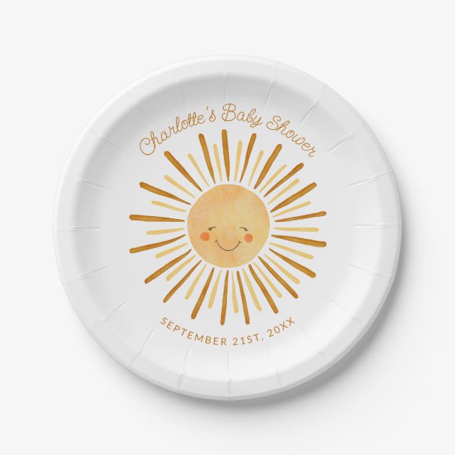 Happy Yellow Sunshine Boho Baby Shower Paper Paper Plate (Front)