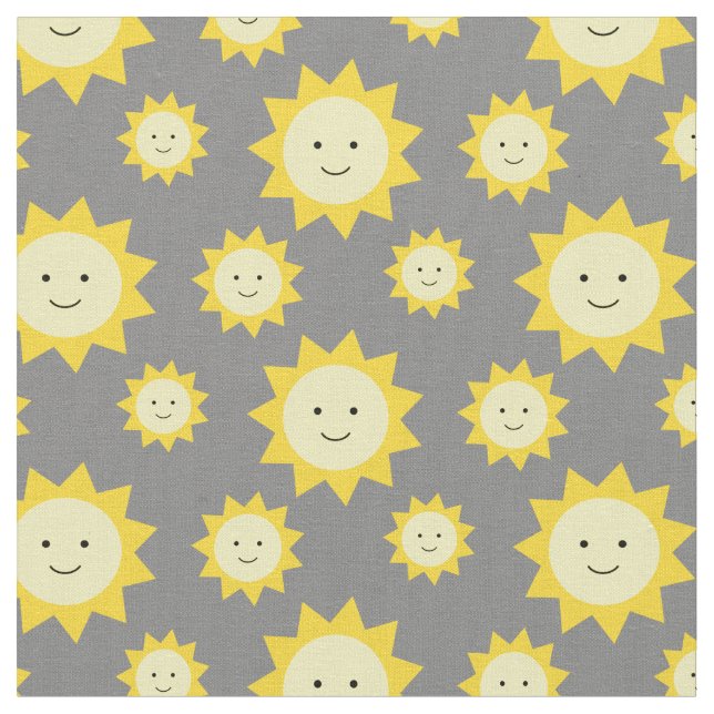 Happy Yellow Sunshine Gray Background Fabric (Close Up)