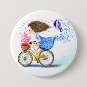 Happy Young Girl On A Bike - Romantic Love Hearts 7.5 Cm Round Badge
