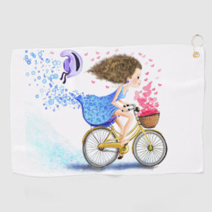 Happy Young Girl On A Bike - Romantic Love Hearts  Golf Towel