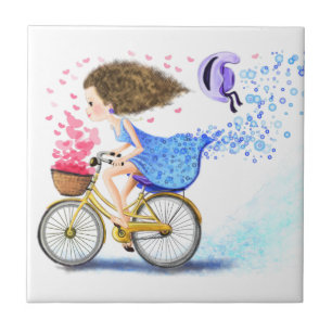 Happy Young Girl On A Bike - Romantic Love Hearts  Tile