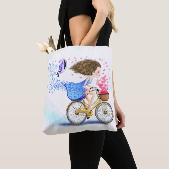 Happy Young Girl On A Bike - Romantic Love Hearts  Tote Bag (Close Up)