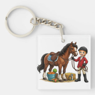 Happy Young Rider With Beautiful Horse Cartoon T-S Key Ring