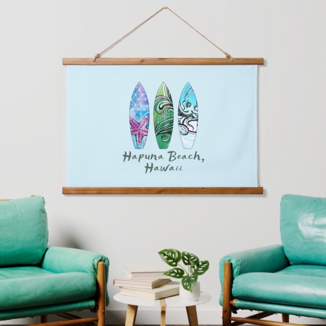 Hapuna Beach Hawaii Watercolor Surfboards   Hanging Tapestry (Living Room)