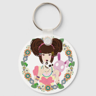 Harajuku Girl Yuriko - bordered Key Ring