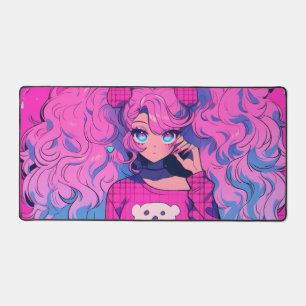 Harajuku Neon Kawaii Girl with Twin Ponytails Desk Mat