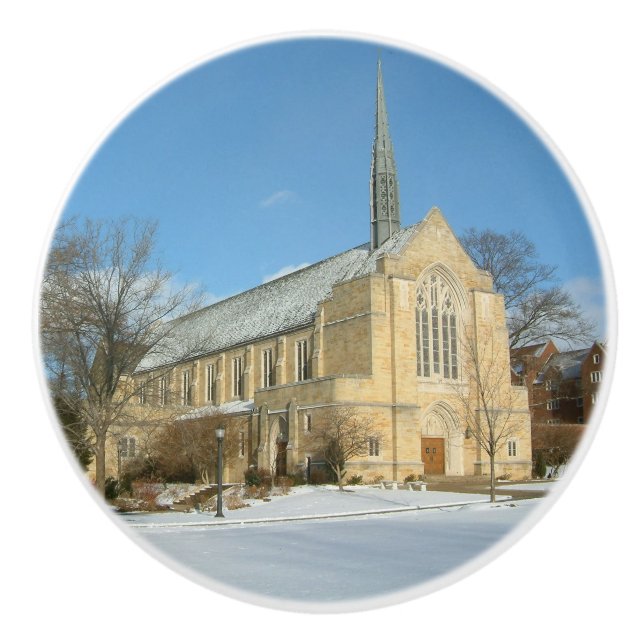 Harbison Chapel in Winter at Grove City College Ceramic Knob (Front)
