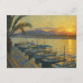 Harbor at Sunset Watercolor Postcard