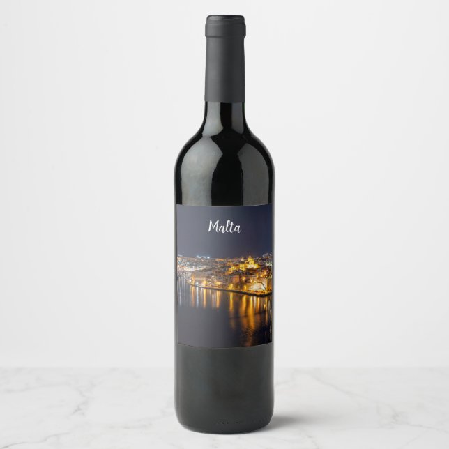 Harbor in Malta illuminated at night Wine Label (Front)
