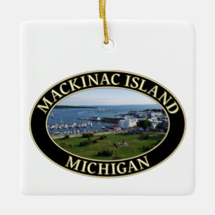 Harbour and Downtown at Mackinac Island, Michigan Ceramic Ornament