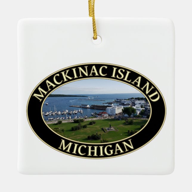 Harbour and Downtown at Mackinac Island, Michigan Ceramic Ornament (Front)