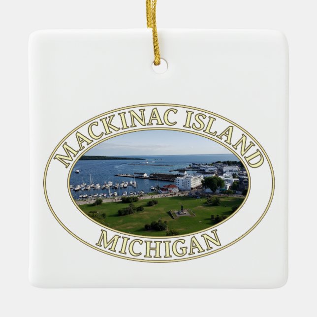 Harbour and Downtown at Mackinac Island, Michigan Ceramic Ornament (Front)