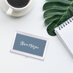 Harbour Blue Sketched Cursive Script Business Card Holder<br><div class="desc">Elegant business card case features your name,  title,  or choice of personalisation in white hand scripted cursive lettering on a dusty blue background.</div>