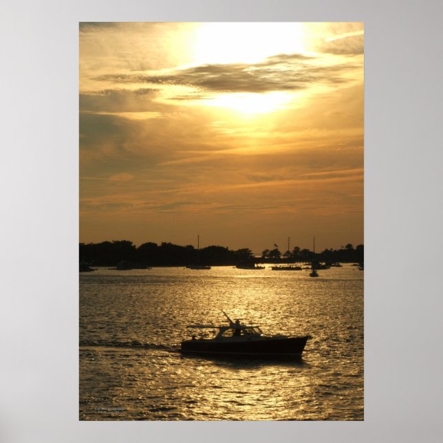 Harbour Boat Scene Late Evening Sun Behind Clouds Poster (Front)