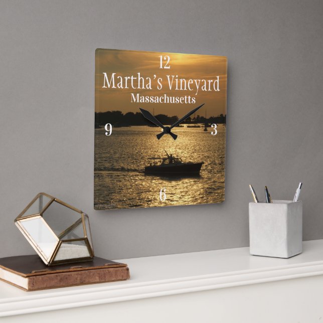 Harbour Boat Scene Late Evening Sun Behind Clouds Square Wall Clock (Office)