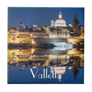 Harbour of Valletta old town at night Tile