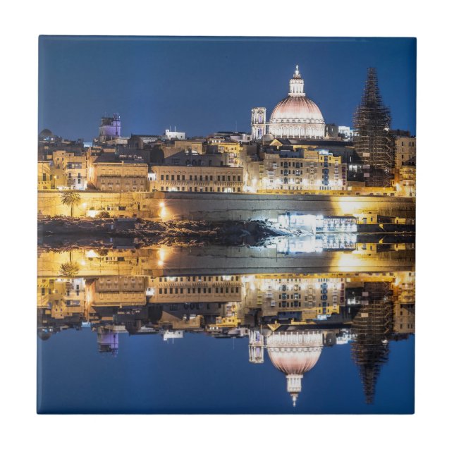 Harbour of Valletta old town at night Tile (Front)