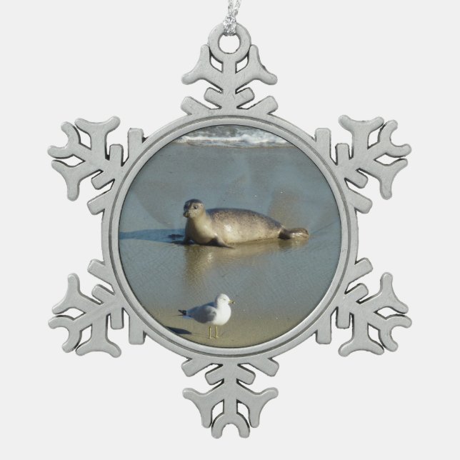 Harbour Seal at La Jolla California Snowflake Pewter Christmas Ornament (Front)