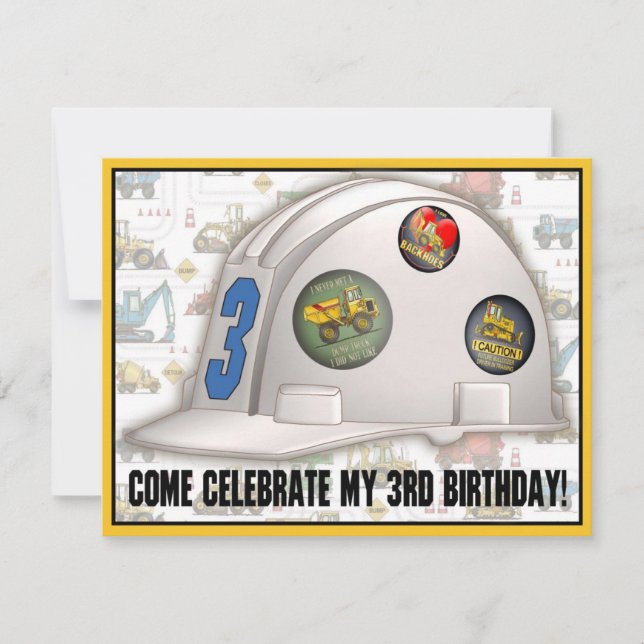 Hard Hat Construction 3rd Birthday Party Invite (Front)