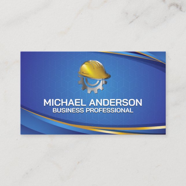 Hard hat Gear Construction Logo | Blue Background Business Card (Front)
