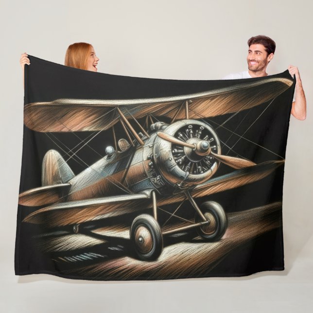 Hard Pastel Antique Biplane Aeroplane Aeroplane Fleece Blanket (In Situ)