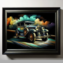 Hard Pastel Drawing Antique Car