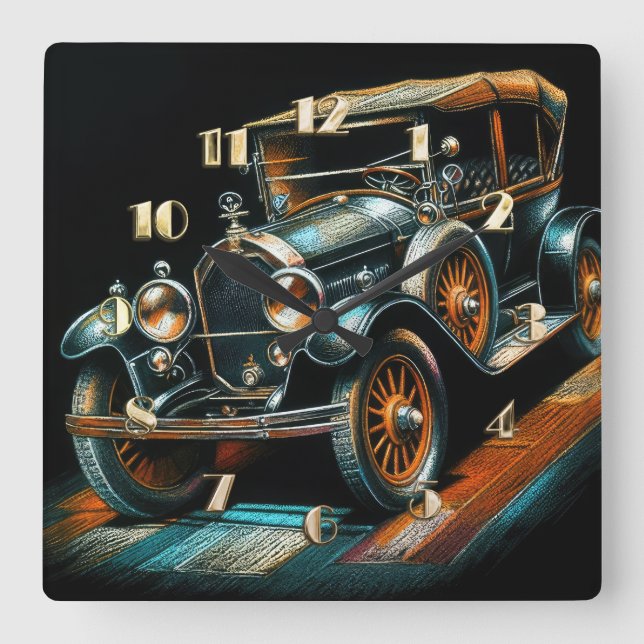 Hard Pastel Drawing Antique Car Square Wall Clock (Front)