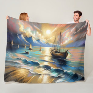 Hard Pastel Drawing Boats Water Fleece Blanket