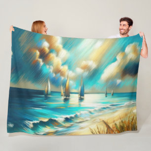 Hard Pastel Drawing Boats Water Fleece Blanket