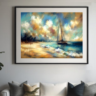 Hard Pastel Drawing Boats Water  Poster