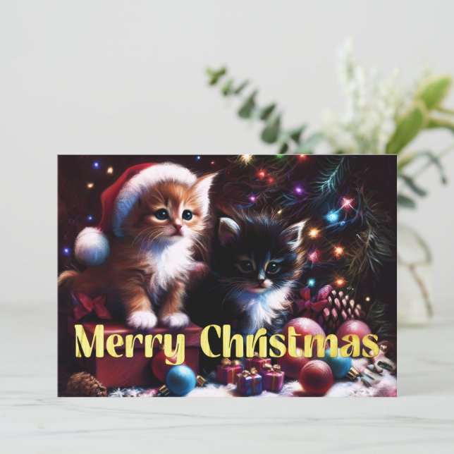 Hard Pastel Drawing Christmas 2 Kittens Card (Standing Front)