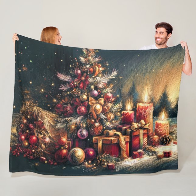 Hard Pastel Drawing Christmas Holiday Tree Candles Fleece Blanket (In Situ)