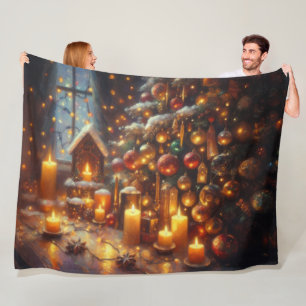 Hard Pastel Drawing Christmas Holiday Tree Candles Fleece Blanket