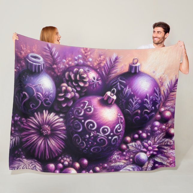 Hard Pastel Drawing Christmas Motif Holiday Purple Fleece Blanket (In Situ)