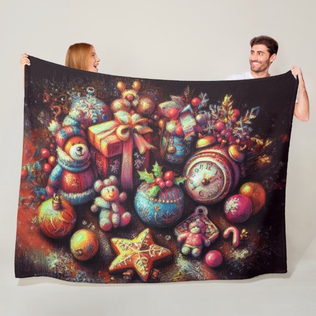 Hard Pastel Drawing Christmas Motifs Holiday Fleece Blanket (In Situ)