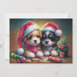 Hard Pastel Drawing Christmas Puppies Card
