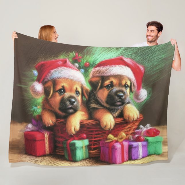Hard Pastel Drawing Christmas Puppies Fleece Blanket (In Situ)