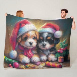Hard Pastel Drawing Christmas Puppies Fleece Blanket