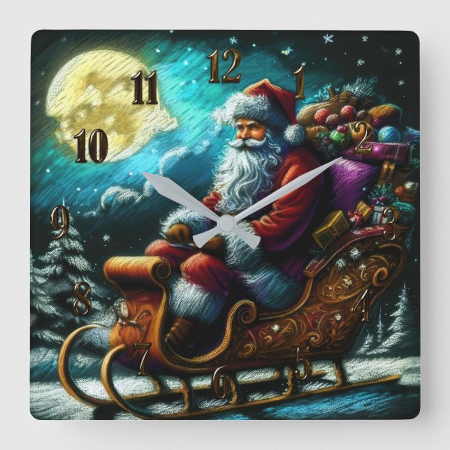 Hard Pastel Drawing Christmas Santa in Sleigh 2 Square Wall Clock (Front)