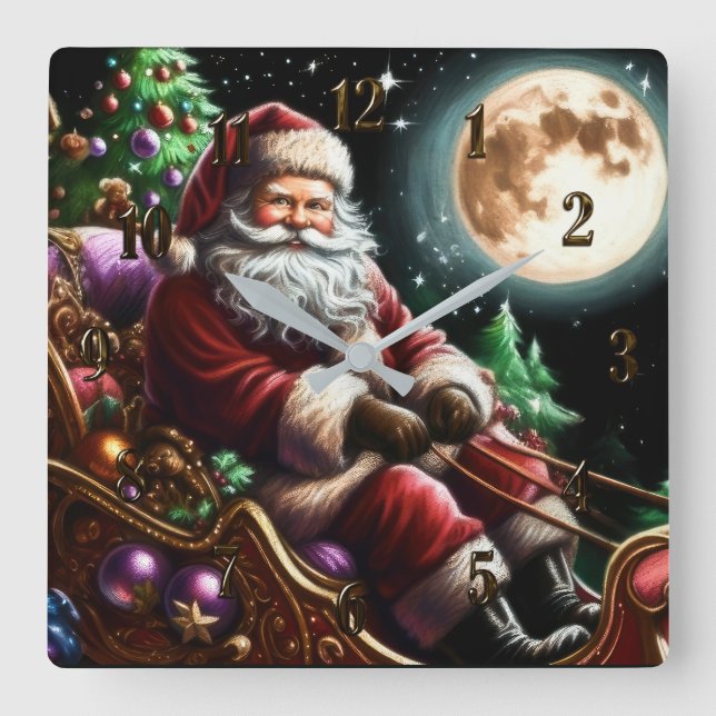 Hard Pastel Drawing Christmas Santa in Sleigh Square Wall Clock (Front)