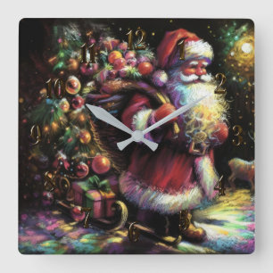 Hard Pastel Drawing Christmas Santa with Gifts Square Wall Clock