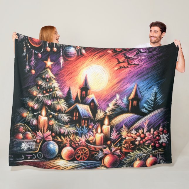 Hard Pastel Drawing Christmas Scene Fleece Blanket (In Situ)