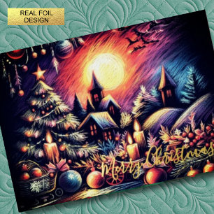 Hard Pastel Drawing Christmas Scene Foil Holiday Card