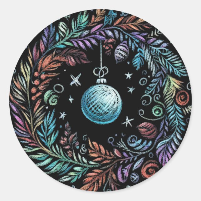 Hard Pastel Drawing Christmas Wreath Classic Round Sticker (Front)