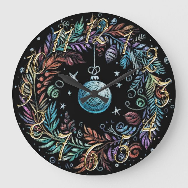 Hard Pastel Drawing Christmas Wreath Large Clock (Front)