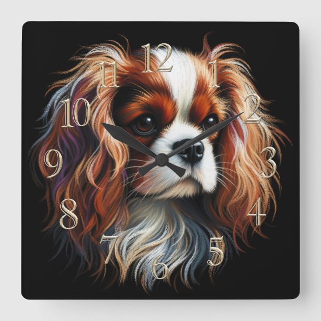 Hard Pastel Drawing King Charles Cavalier Spaniel Square Wall Clock (Front)