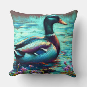 Hard Pastel Drawing Mallard Duck Cushion