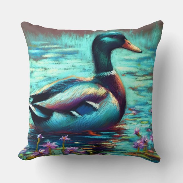 Hard Pastel Drawing Mallard Duck Cushion (Front)