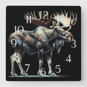 Hard Pastel Drawing Moose Square Wall Clock